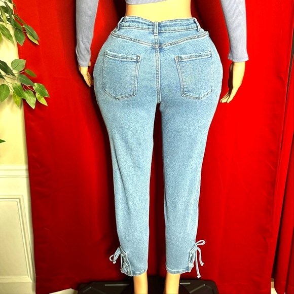 New (no tags) Denim Blue Pleated Stretch Skinny Jeans w/ankle Bow Design (S-M) - Picture 6 of 9